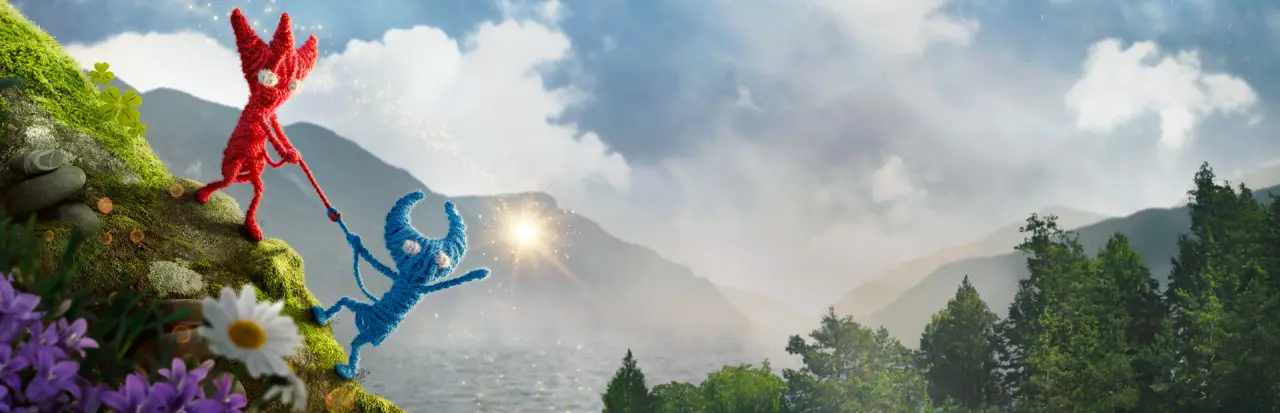 Unravel Two yarn characters in a gentle co-op platforming scene