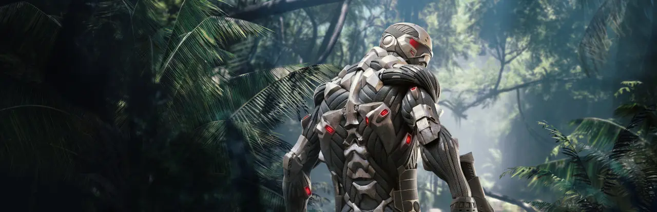 Crysis Remastered nanosuit soldier in a tropical battlefield
