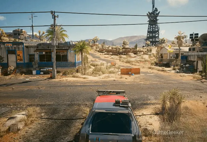 Driving scene with a vehicle in an abandoned town
