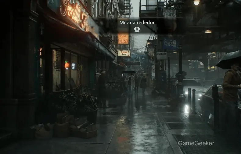 In-game scene on a rainy street at night