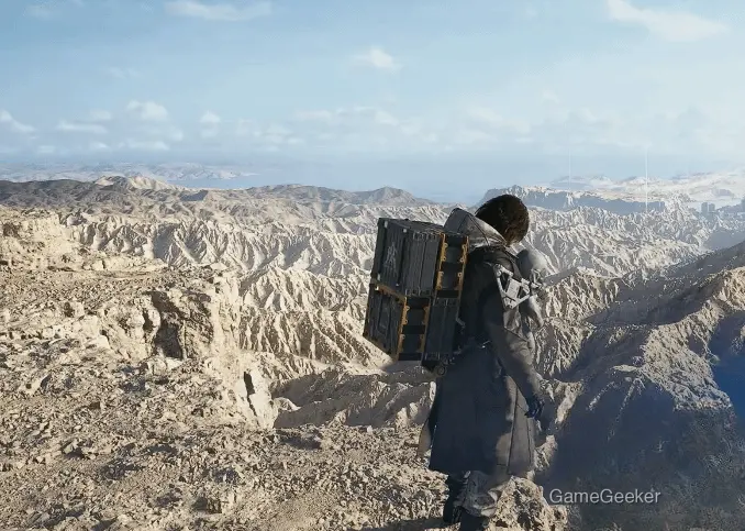 Character carrying oversized equipment in a desert valley