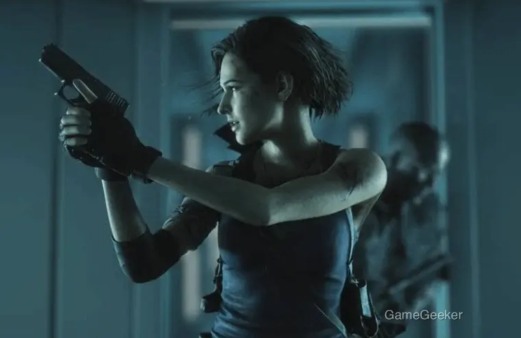 A woman aiming a gun in a game scene