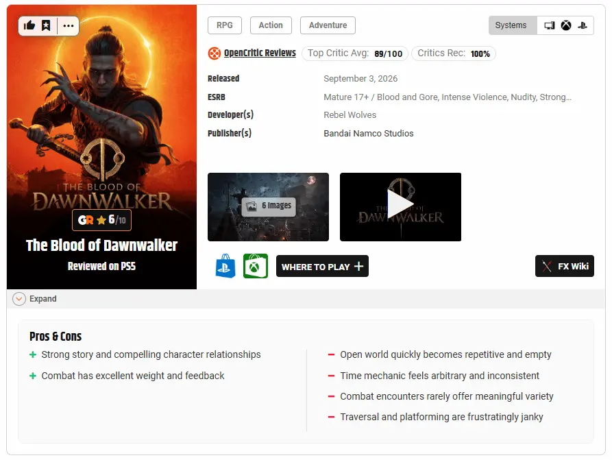 IGN Gives The Blood of Dawnwalker 9, GameRant 6