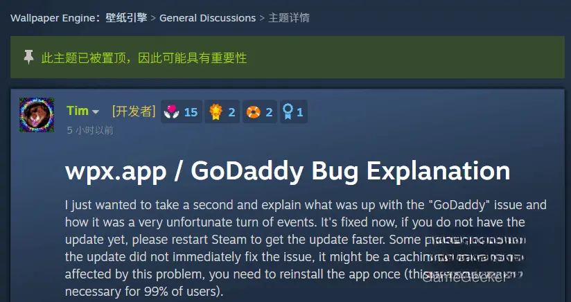 A pinned thread in the Wallpaper Engine Steam discussion forum, flagged as important. Posted by the developer 'Tim' five hours ago, the 'wpx.app / GoDaddy Bug Explanation' thread is shown in the thread-detail view.