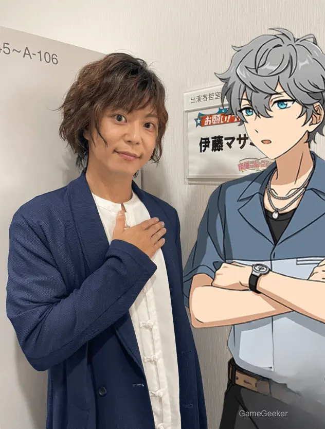Actor Masahiro Ito is pictured beside a character poster for his role, with a sign indicating the actor's dressing room and his name.