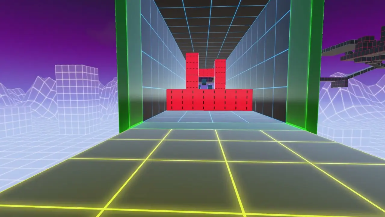 This moment from the official Steam gameplay trailer at 30 seconds shows red moving obstacles filling a corridor.