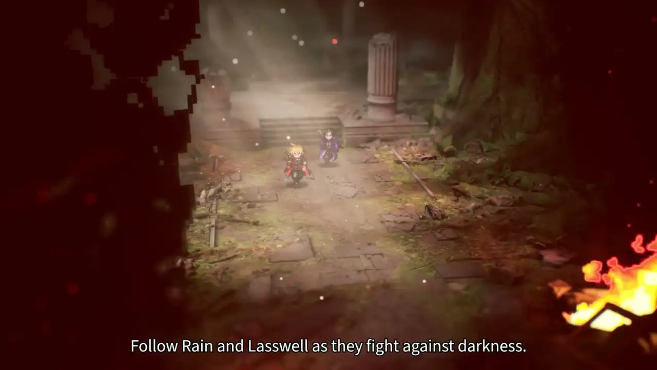 Pixel-art characters stand in a warmly lit stone ruin, with 3D scenery behind them. Official launch trailer frame at 00:22.