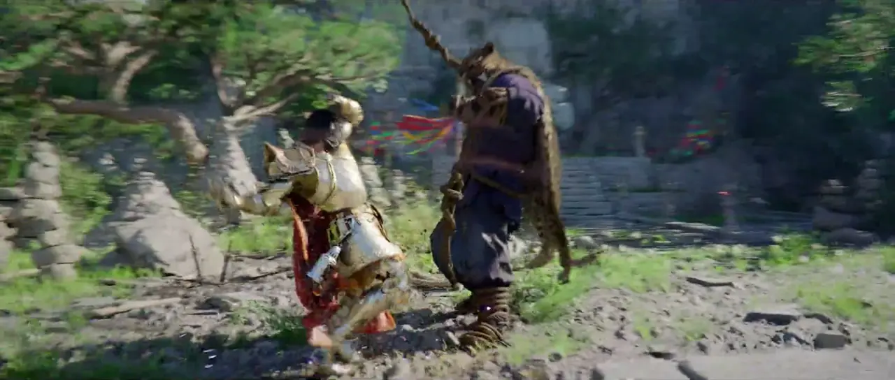 An armoured melee duel unfolds in a forest ruin in a frame from the official Crimson Desert Enhanced announcement trailer.