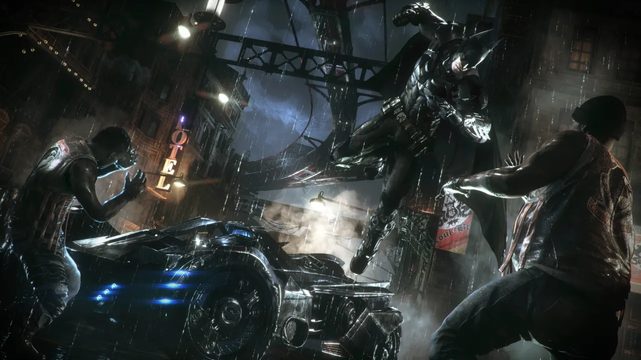 Batman overlooking a rain-soaked, evacuated Gotham