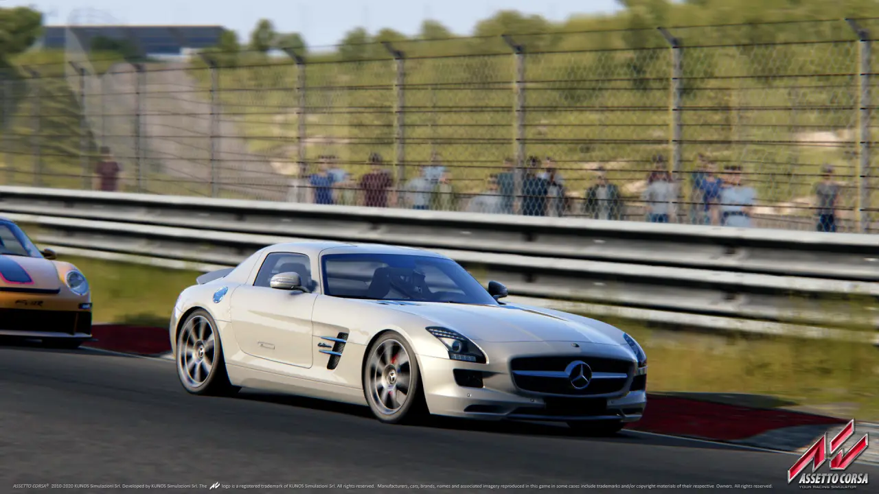 A detailed car model rendered on a sunlit track