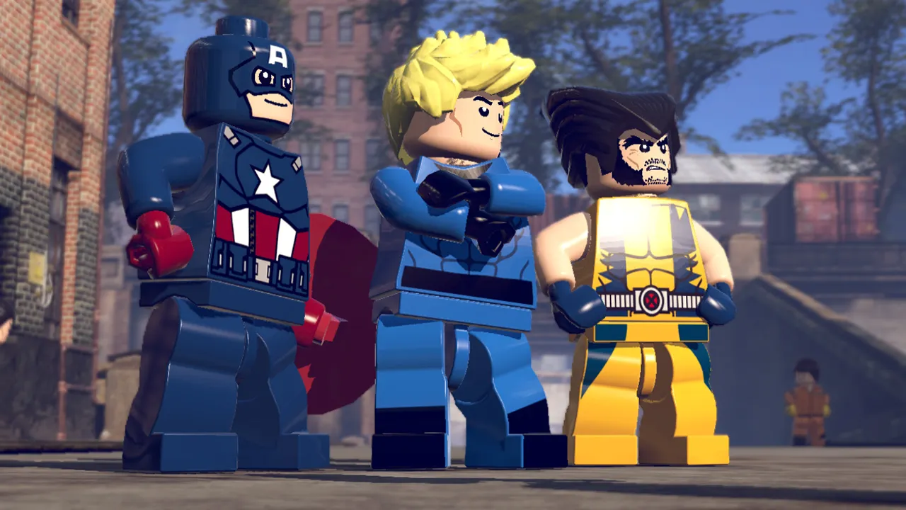 The Lego-ified Marvel skyline stays bright, cartoonish and legible