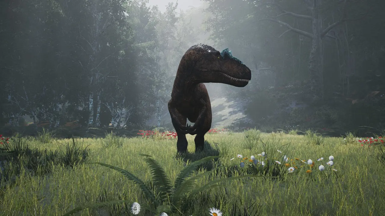 Dense UE4 rainforest and documentary-grade dinosaur models define the look