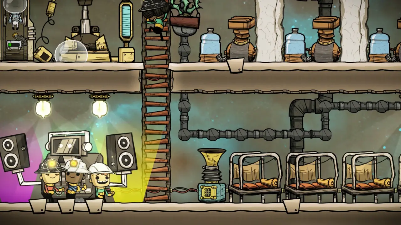 A complex automated base with pipes, wires, and machinery