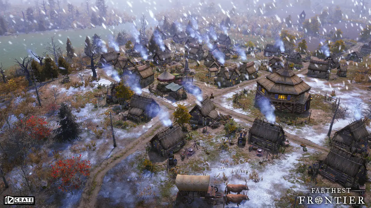 Aerial view of a medieval village in the snow, with smoke rising from chimneys