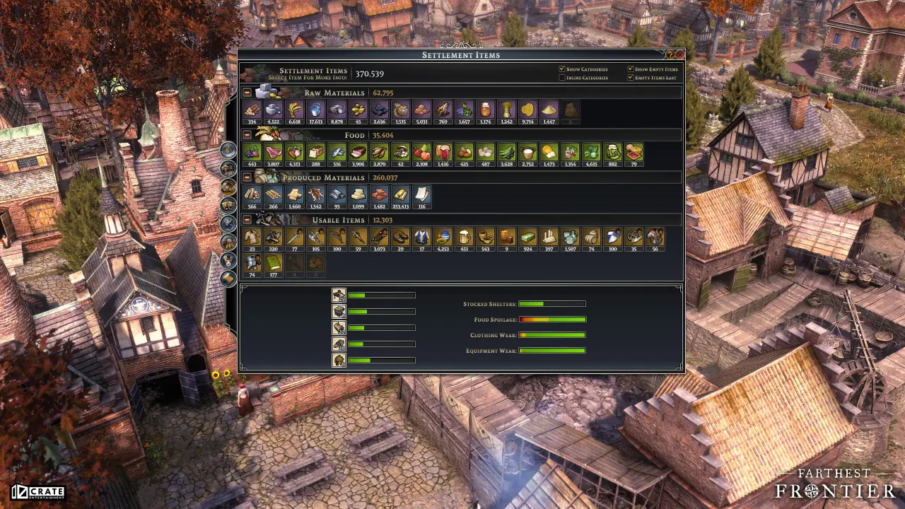 Medieval town bird's-eye view displaying resource management interface