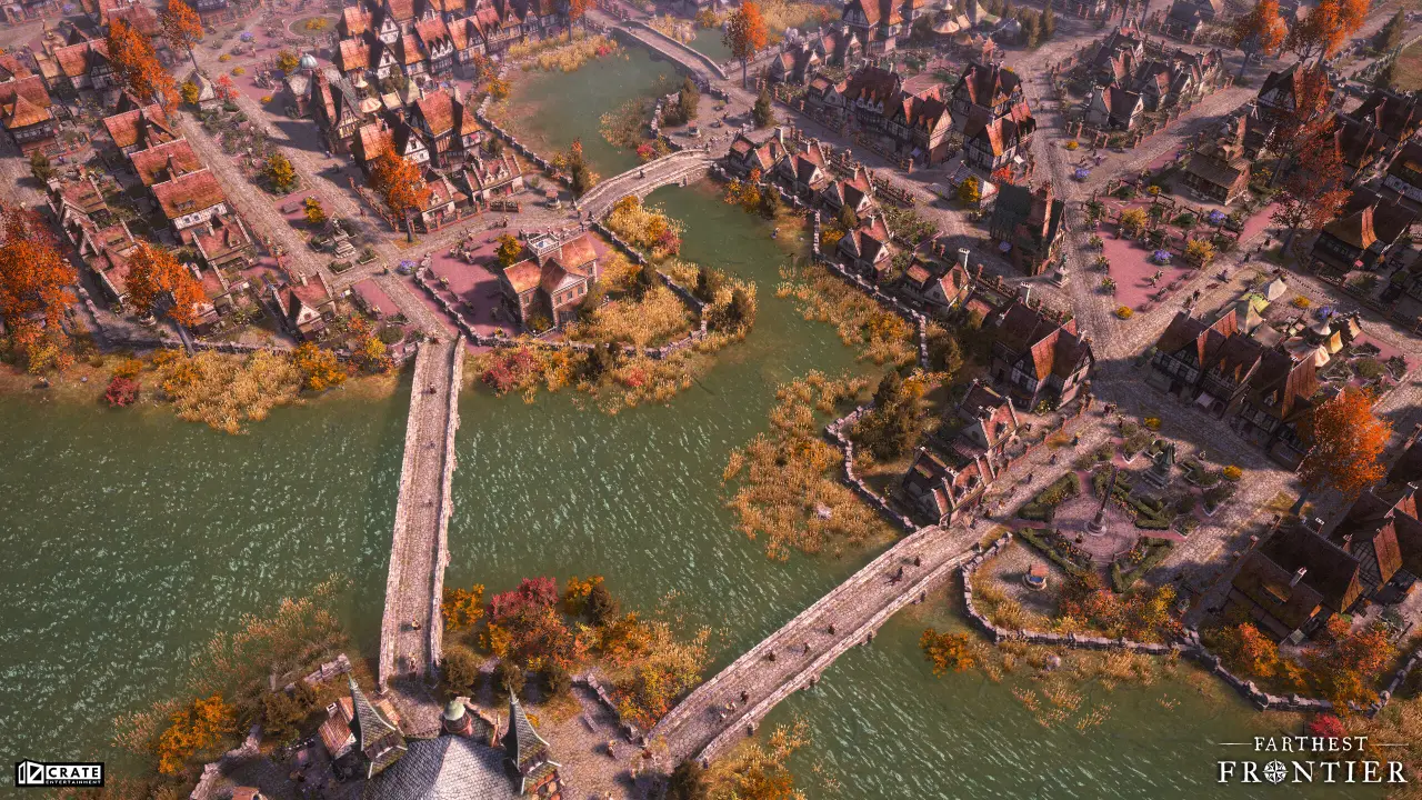Aerial view of a medieval town surrounded by rivers in autumn