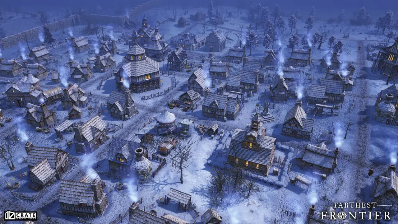 Medieval village panoramic view from above on a winter snowy night