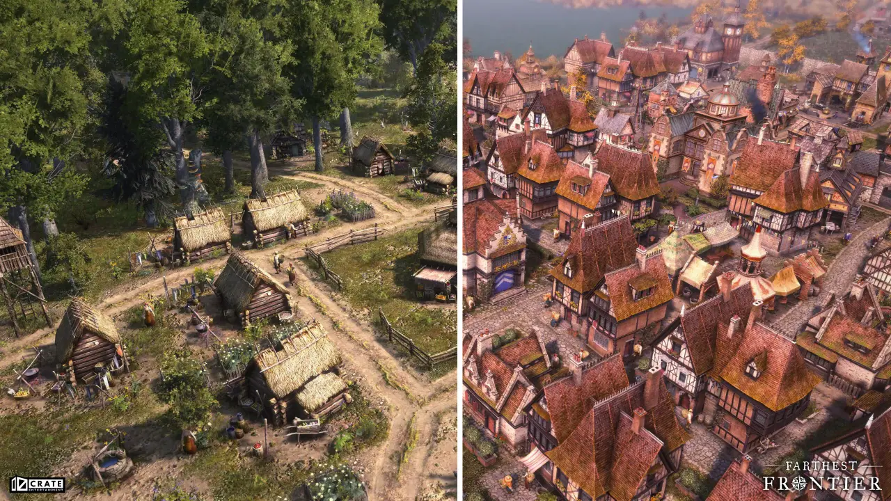 The contrast between medieval villages developing from early settlements to prosperous towns