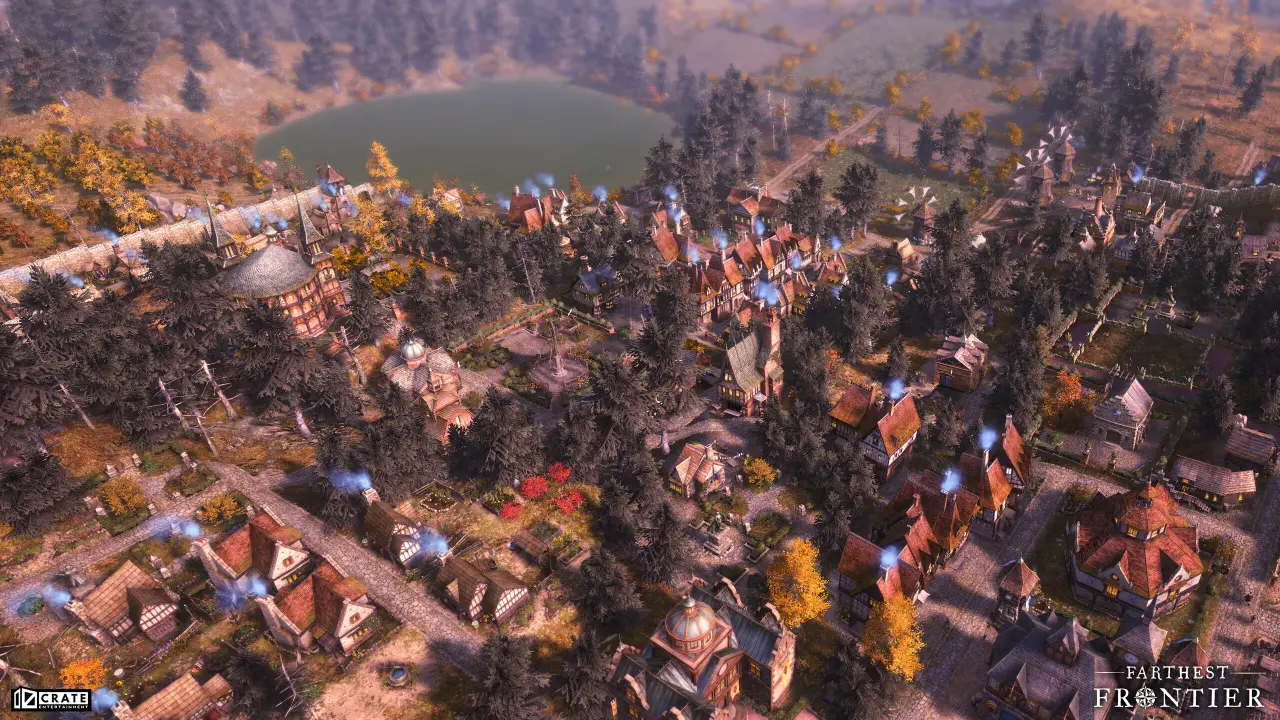 Bird's-eye view of a thriving medieval village in an autumn forest