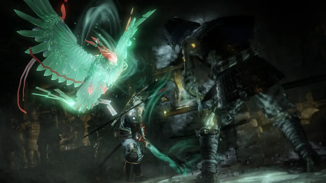A storm-soaked long-weapon clash in Nioh