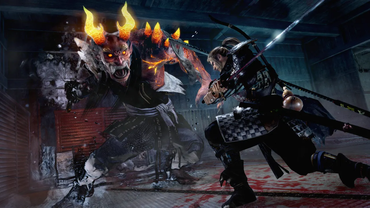 The fire-sea trio besieging a giant yokai chief in Nioh