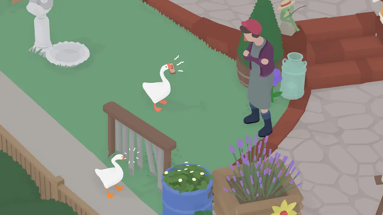 A white goose is causing mischief in the garden with keys in its beak, with villagers and flowerpots nearby