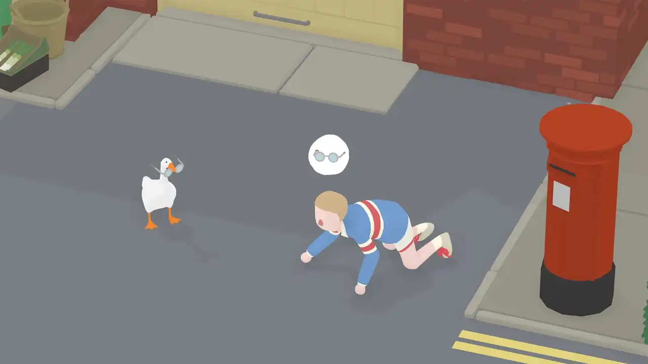 A white goose stole glasses causing a boy to fall on the street