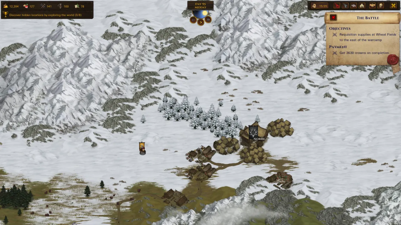 雪山地形的战役地图，显示任务目标和村庄位置
