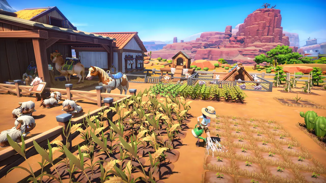 Desert town farm and ranch scene, growing crops and raising animals