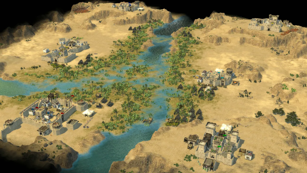 Multiple castles and strongholds are distributed throughout the desert valley, showcasing a large-scale battle map