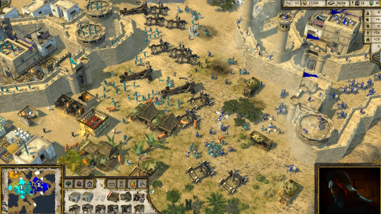 Catapults besieging outside the desert castle, blue army engaged in fierce offensive and defensive battle