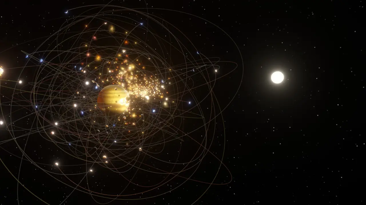 恒星系中大量天体轨道交错并发生剧烈碰撞爆炸