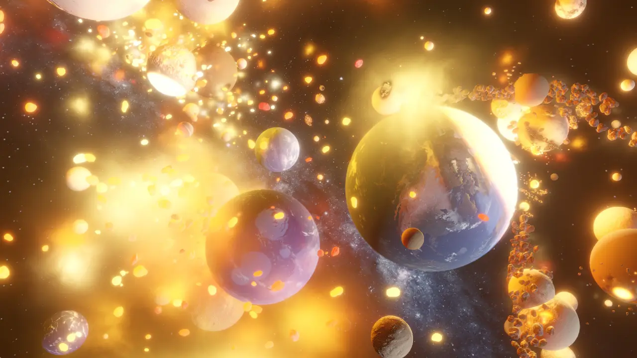 多颗行星在宇宙中连环爆炸，碎片与强光充满画面