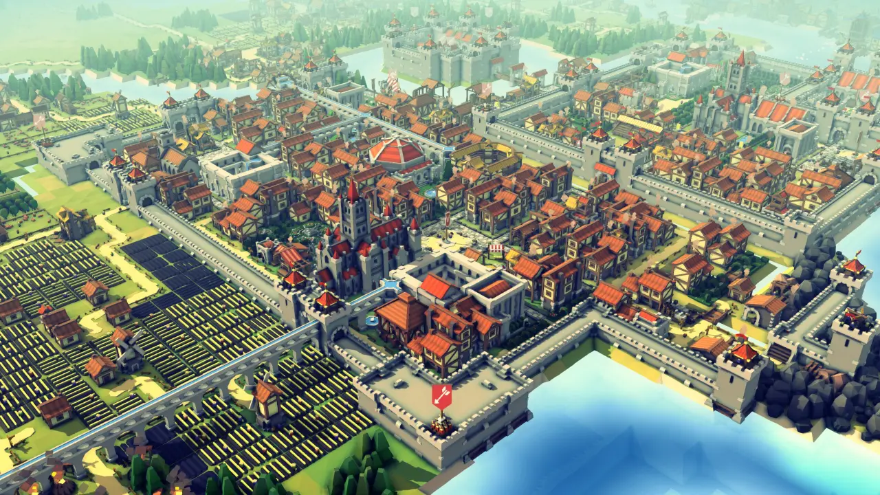 Depicts a grand medieval-style town featuring city walls, red-roofed buildings, and farmland.