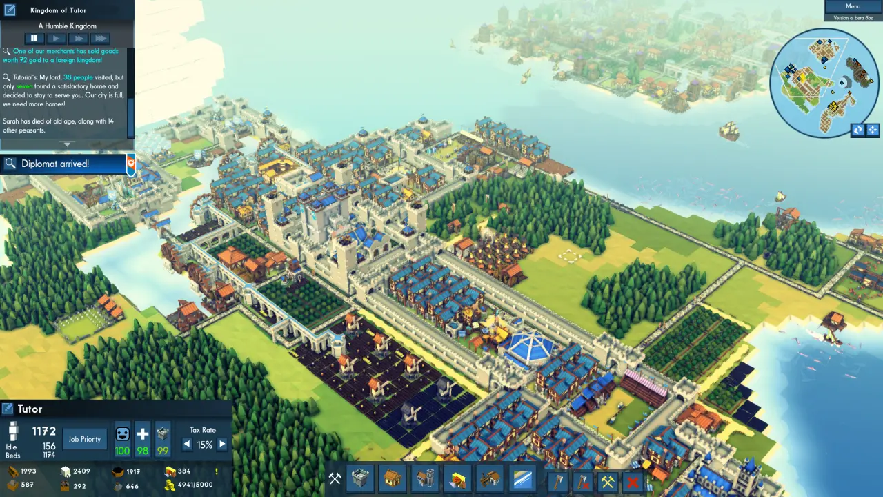 Panoramic view of a seaside castle city, featuring city walls, farmland, and dense residential areas.
