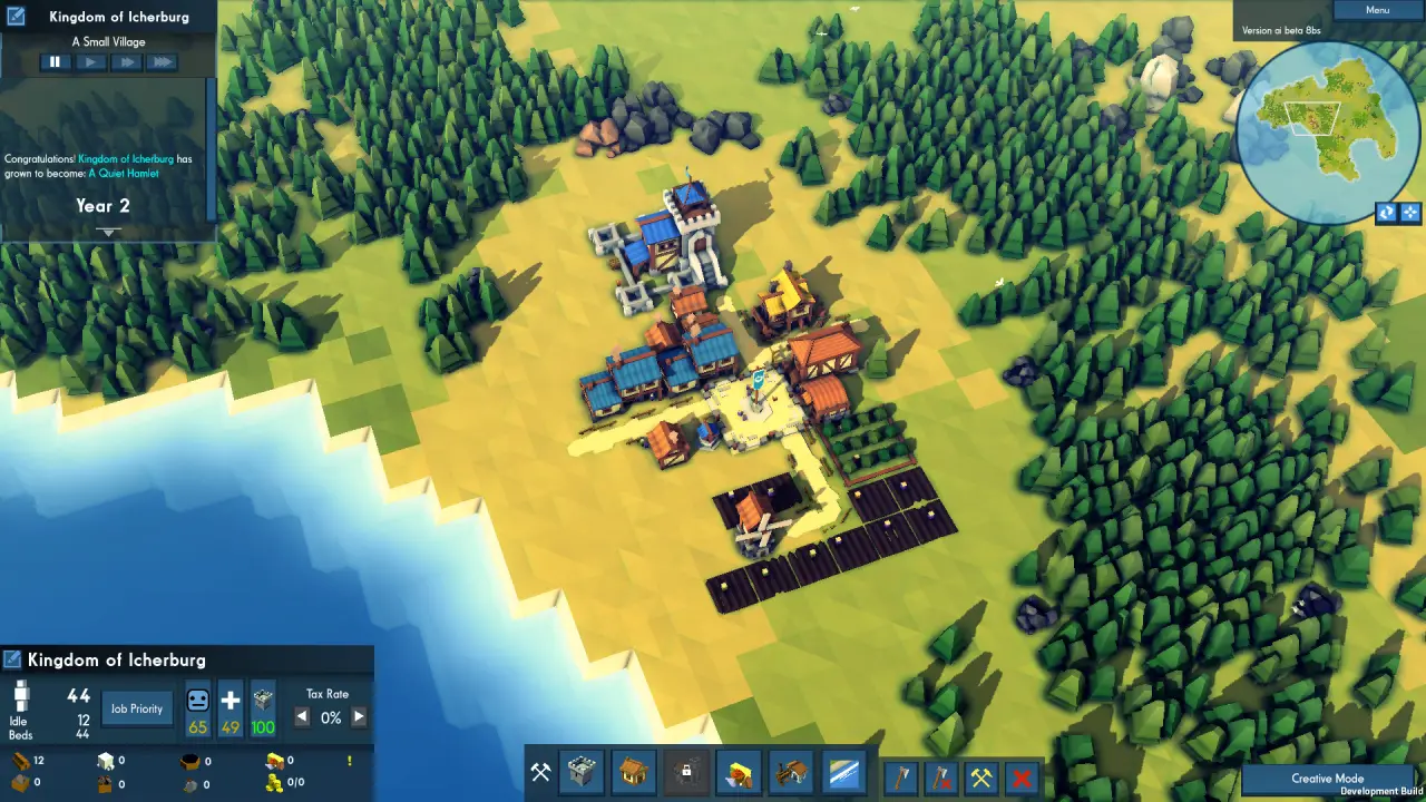 Shows the early layout of a coastal town, including castles, houses, farmland, and forests.