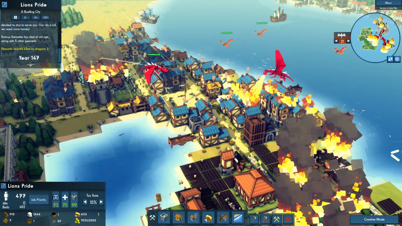 A medieval town is under attack by a fire-breathing dragon, with multiple buildings ablaze. The UI displays population and resources.