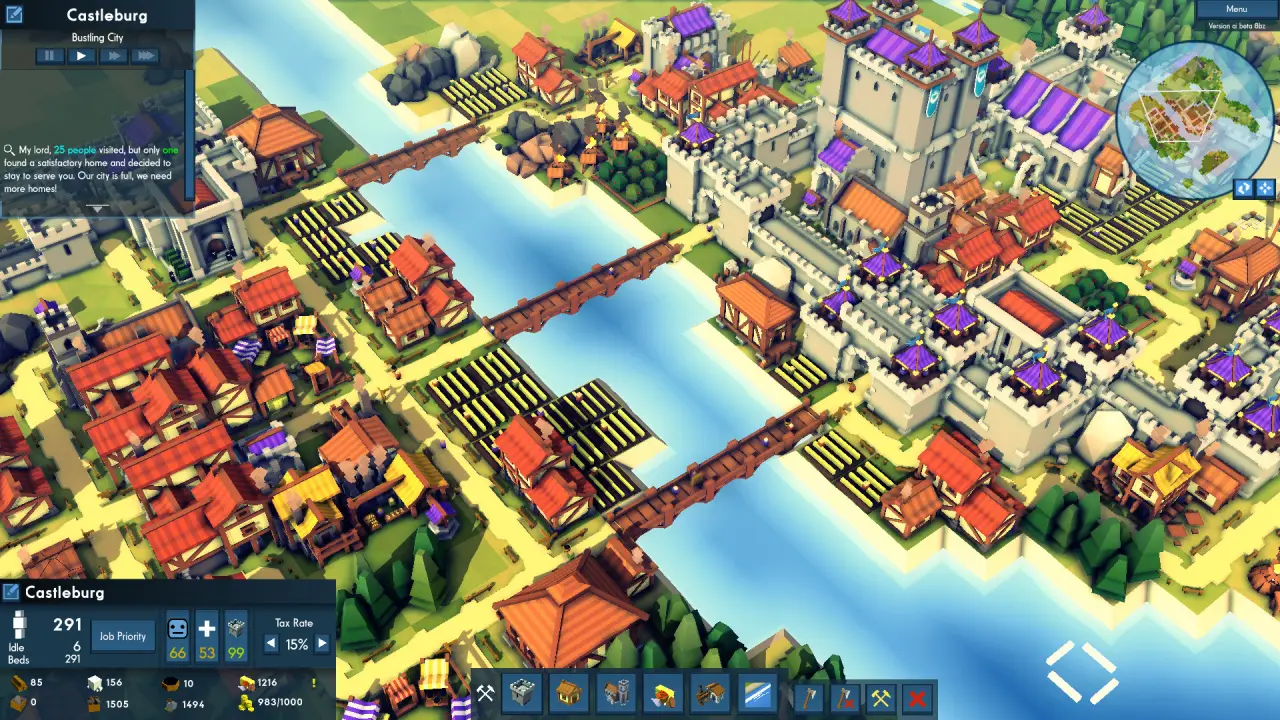 Displays a medieval-style cityscape featuring castles, residential buildings, farmland, rivers, and bridges, along with a UI displaying city data.