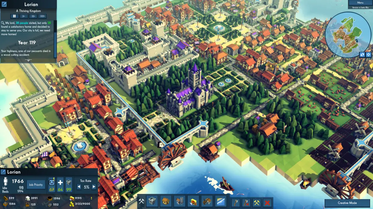 Medieval-style city-building interface, showcasing a thriving castle and detailed UI data.