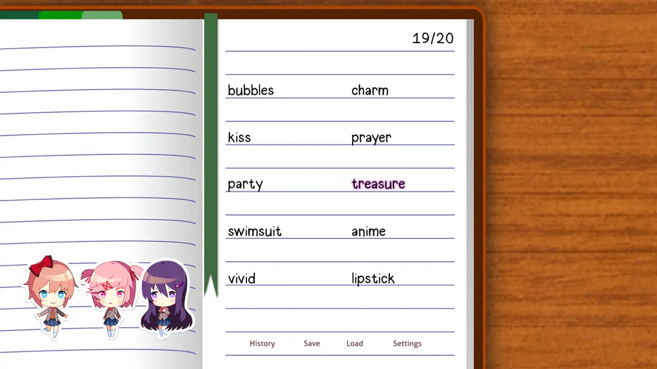 A notebook page showcasing collectible items, featuring a list of English words and three chibi-style character stickers.