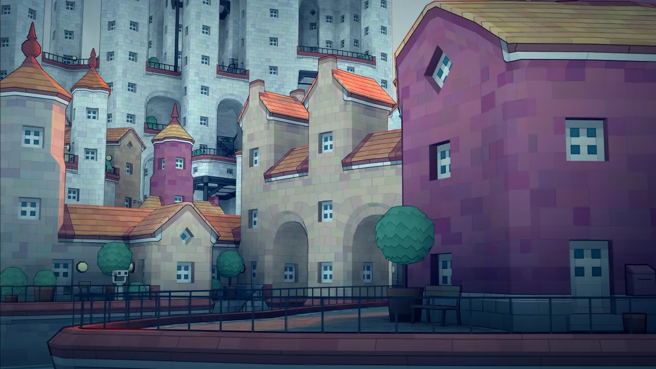 Low-poly town buildings with soft colors, showcasing scenes from a casual building game.