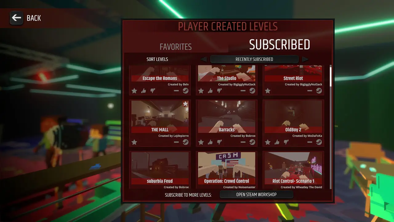 Displays the in-game subscription list for player-made levels, featuring multiple map thumbnails.