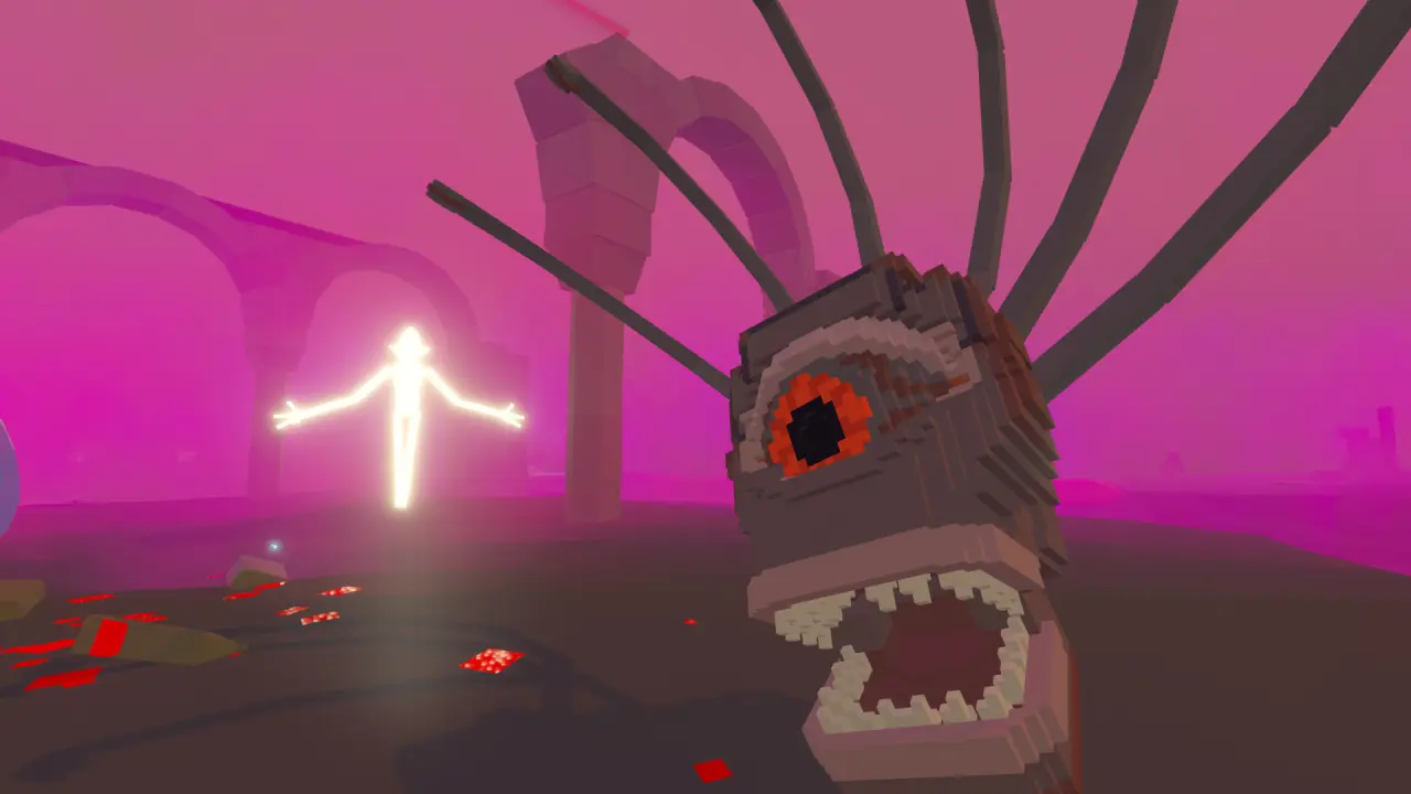 Against a backdrop of pink mist, a giant pixel-style one-eyed monster stands with its mouth wide open, while glowing figures appear in the distance.