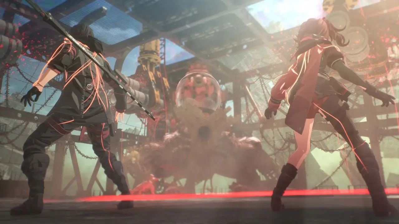 A character battling in a sci-fi scene with ability effects and a busy interface