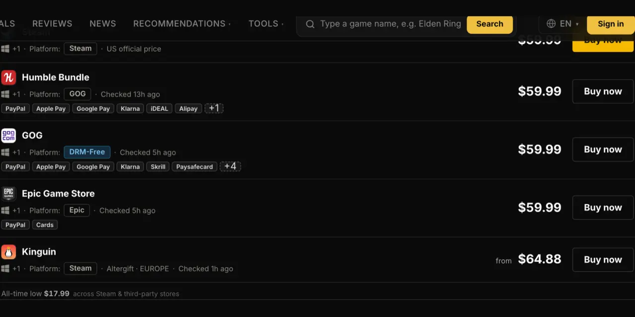 ゲームページのストア横断価格比較リストのスクリーンショット